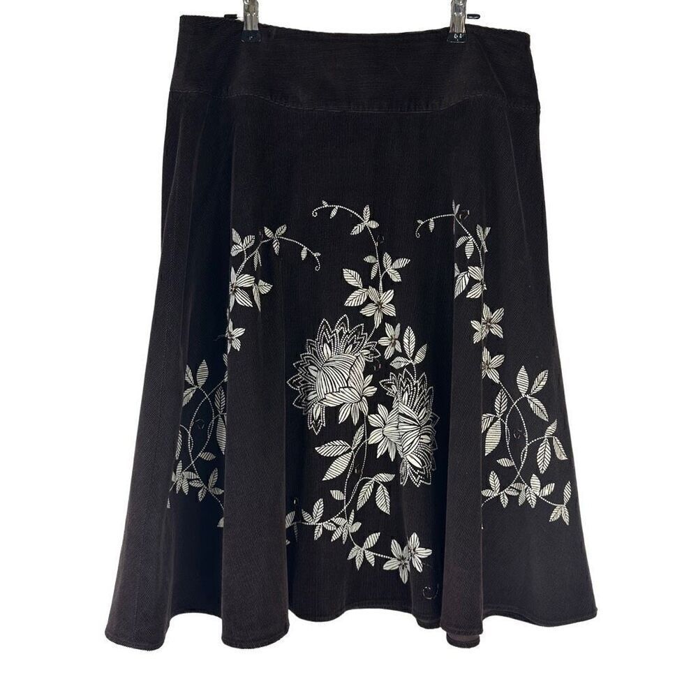 Vintage Talbots Brown Corduroy Beaded Floral A-Line Skirt‎ Women’s 10 Boho Chic